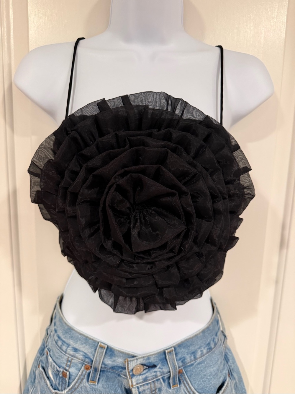 Black Ruffled Rose Appliqué Cami Top